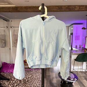 Light Blue Cropped Hoodie with Butterfly Embroidery